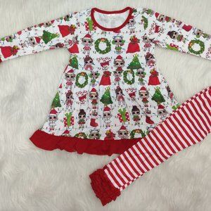 LOL Surprise Girls Christmas Outfit Dress Top & Candy Cane Stripe Ruffle Pants 4